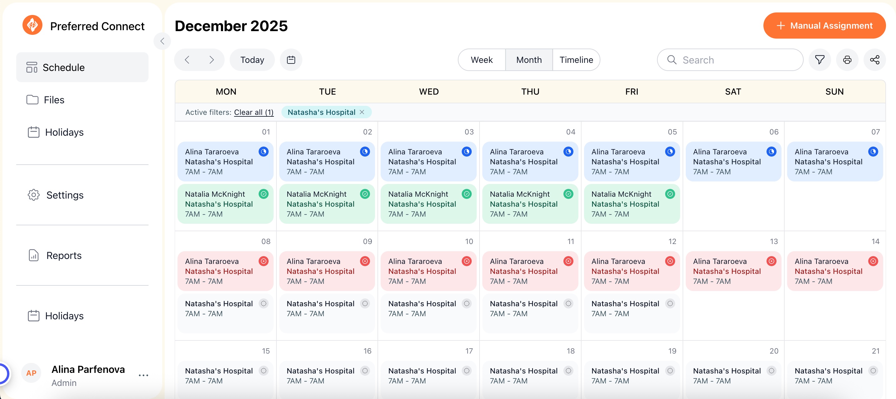 Preferred Connect scheduling calendar