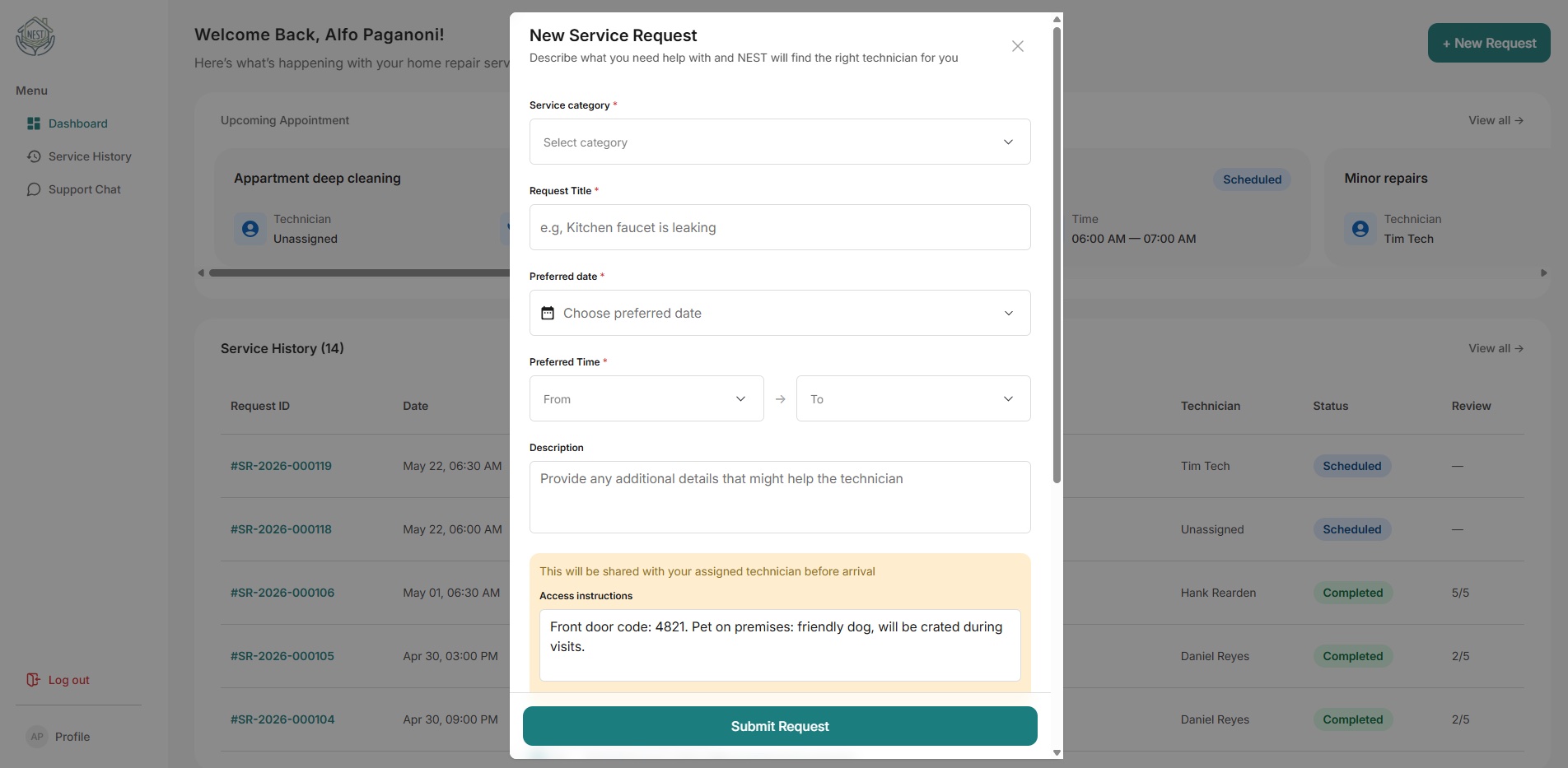 NEST service request submission