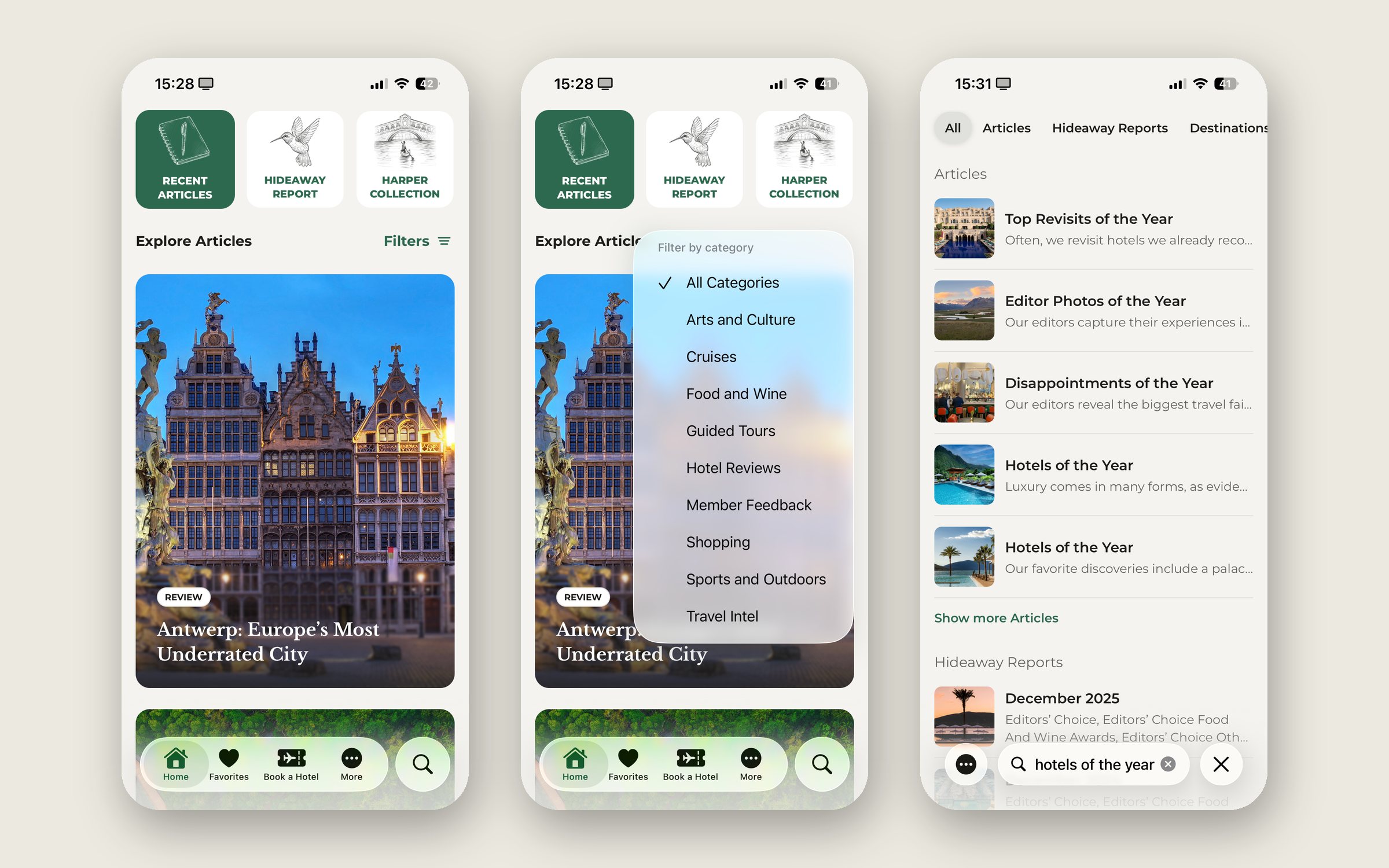 Recent articles, category filters, and search across articles and Hideaway Reports