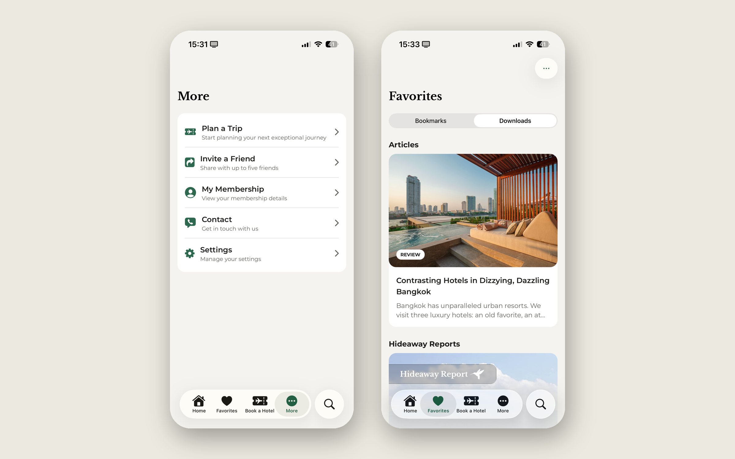 The More menu with trip planning, Invite a Friend, and membership, next to Favorites with bookmarks and offline downloads