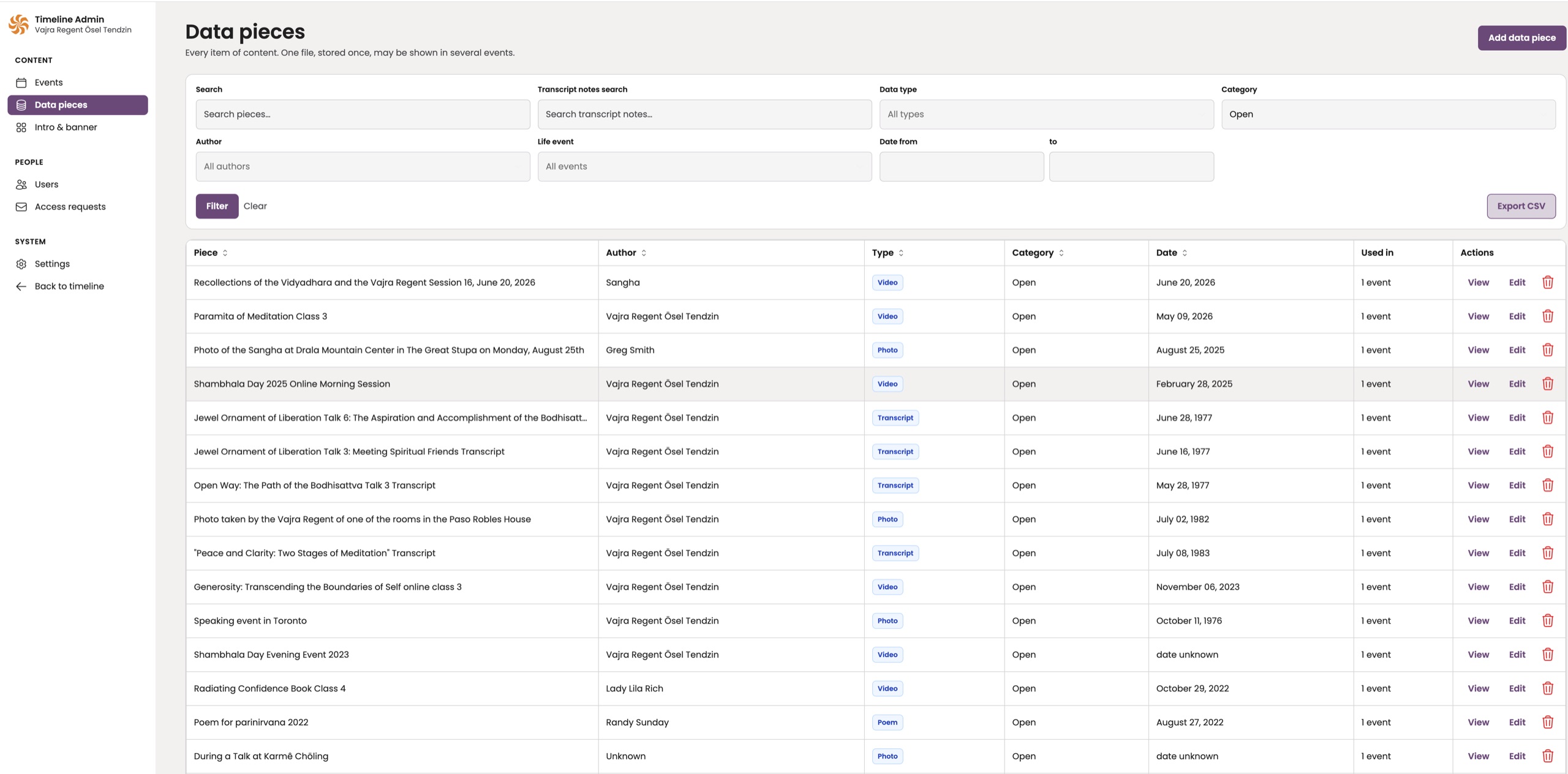 Data pieces management in the Timeline admin panel