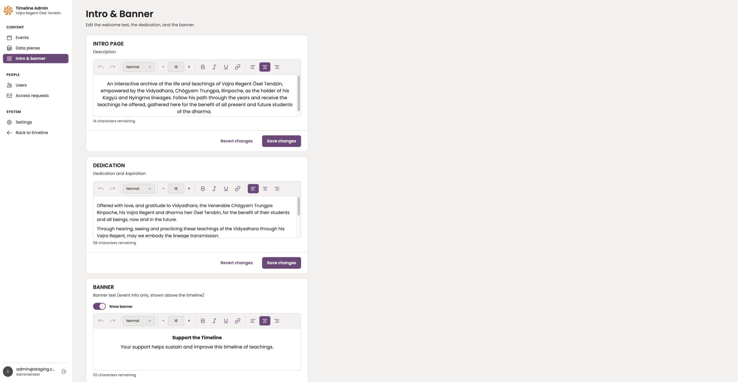 The new admin panel with a WYSIWYG editor for the landing page and banner