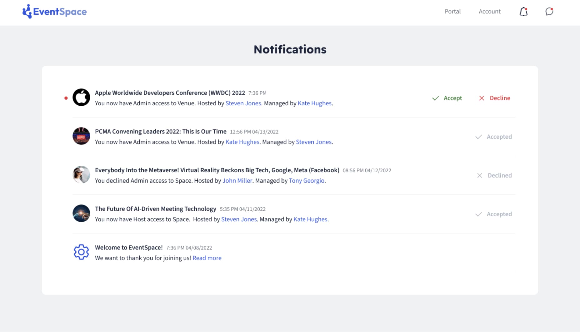 EventSpace Notifications Page